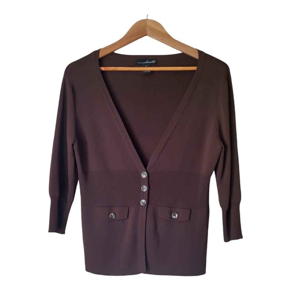 Willi Smith Women's Cardigan‎ Brown Knitted V-Neck Stretch Long Sleeve